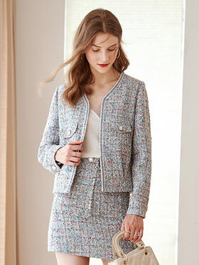 【欧芮儿新款直筒宽松拼织带亮丝手工编织短外套女