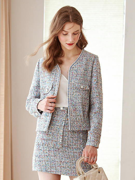 【欧芮儿新款直筒宽松拼织带亮丝手工编织短外套女 商品图0