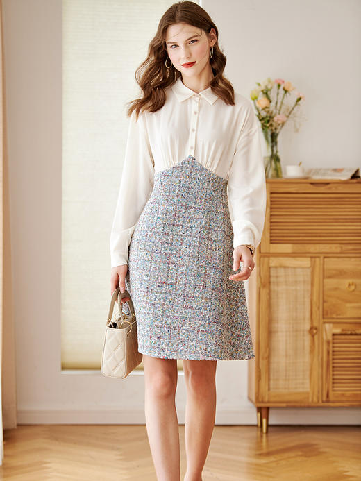 欧芮儿假两件针织拼接衬衫领连衣裙新品收腰裙子 商品图1