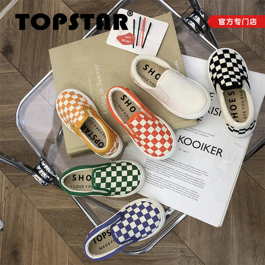 TOPSTAR新男女童幼儿园室内鞋儿童帆布鞋棋盘格赛旗一脚蹬滑板鞋1102（清仓特价不退不换） 商品图1