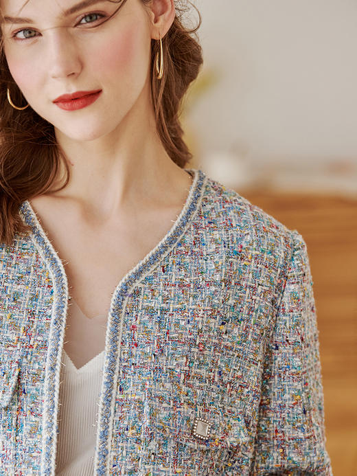 【欧芮儿新款直筒宽松拼织带亮丝手工编织短外套女 商品图1