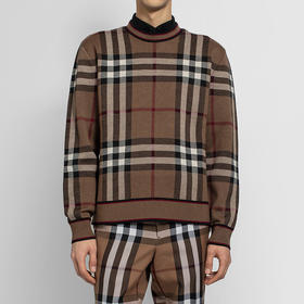 【一】BURBERRY 巴宝莉 男士格纹羊毛提花针织衫 棕色红条大格子 8036603 A8773