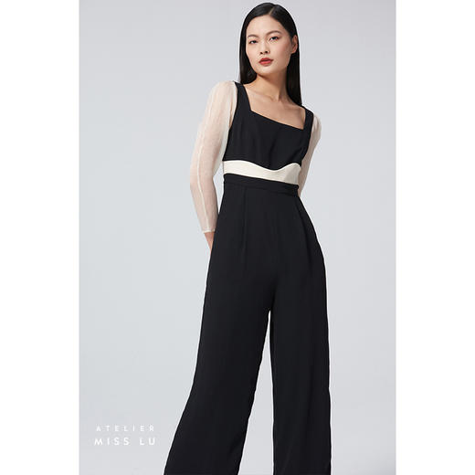 【夏日浪花】腰线设计方领弧形泡泡纱袖黑拼米白高腰连体裤/0000060 商品图0