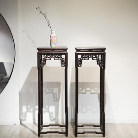 清代 红木如意卷草纹方形高花几（一对）