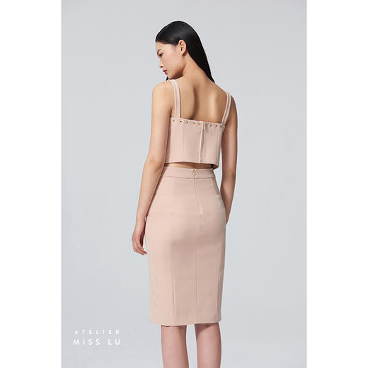 【桃乐茜】气眼绑带设计开叉裸驼色修身半裙/00090 商品图3