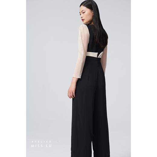 【夏日浪花】腰线设计方领弧形泡泡纱袖黑拼米白高腰连体裤/0000060 商品图2