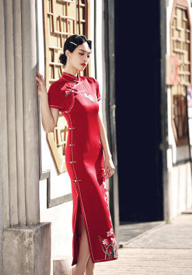 ML- 1607. 2021新款中国风复古绣花旗袍 端庄气质长款醋酸旗袍礼服 商品图3