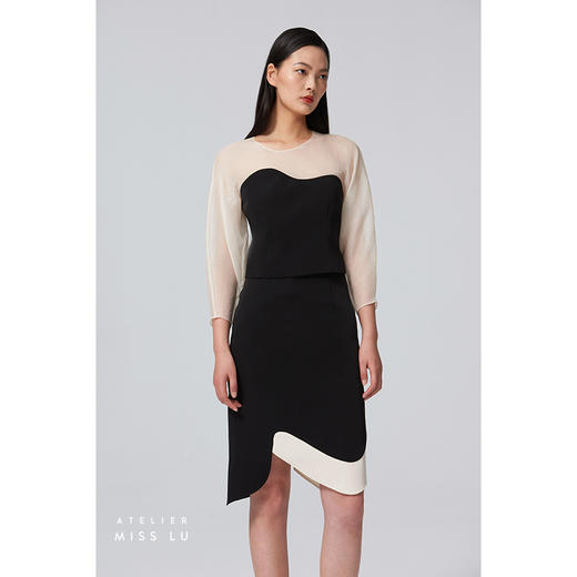 【后日夏】设计款弧形裙摆黑拼米白半裙/00092 商品图2