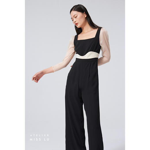 【夏日浪花】腰线设计方领弧形泡泡纱袖黑拼米白高腰连体裤/0000060 商品图1