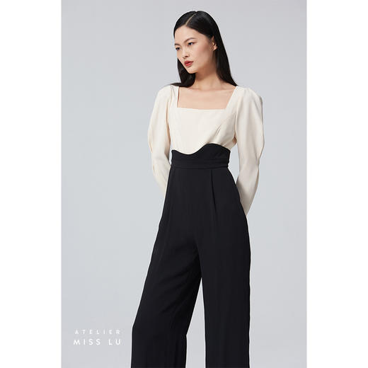 【半边海】波浪腰线设计方领弧形泡泡袖黑拼米白高腰连体裤/0000059 商品图0