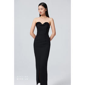 【戏梦巴黎】立裁抹胸设计黑色长款修身连衣裙/0000063