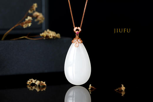 18K玫瑰金和田玉（白玉）镶钻双面吊坠--双面伊人/双面水滴25*45mm 商品图2