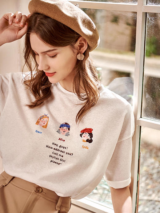 欧芮儿短袖白色T恤女2021春夏新款趣味图案洋气减龄时尚简洁上衣 商品图1