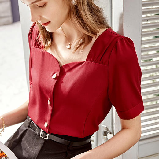 欧芮儿红色方领衬衫女2021新气质泡泡袖复古港味宫廷风设计感上衣 商品图2