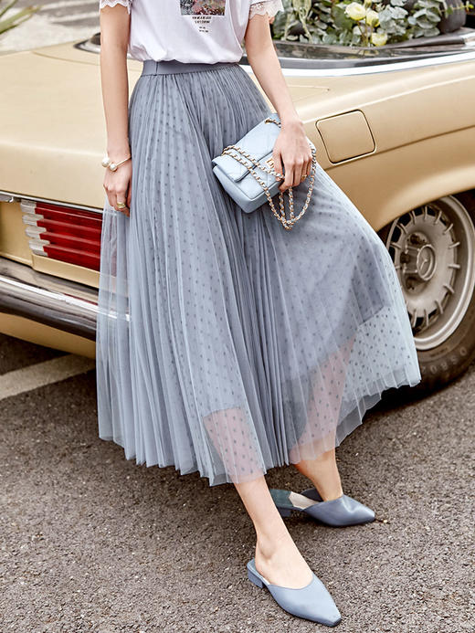 欧芮儿网纱半身裙女2021春夏新款高腰显瘦时尚气质压褶A字仙女裙 商品图2