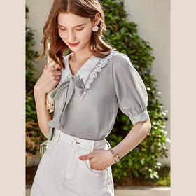 欧芮儿雪纺衬衫女2021春夏蕾丝花边绑带领气质时尚优雅年轻上衣