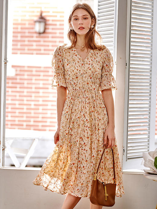 欧芮儿法式碎花连衣裙2021春夏新款刺绣提花收腰中长款复古裙子女 商品图0