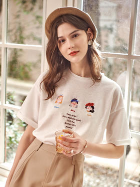欧芮儿短袖白色T恤女2021春夏新款趣味图案洋气减龄时尚简洁上衣