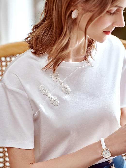 欧芮儿短袖套头T恤女2021春夏简洁大方复古盘口设计感中国风上衣 商品图1