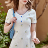 欧芮儿法式针织连衣裙2021春夏新款圆领绣花短袖短款复古收腰裙子 商品缩略图2