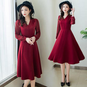 YWE  YDY2132时尚气质优雅V领长袖连衣裙