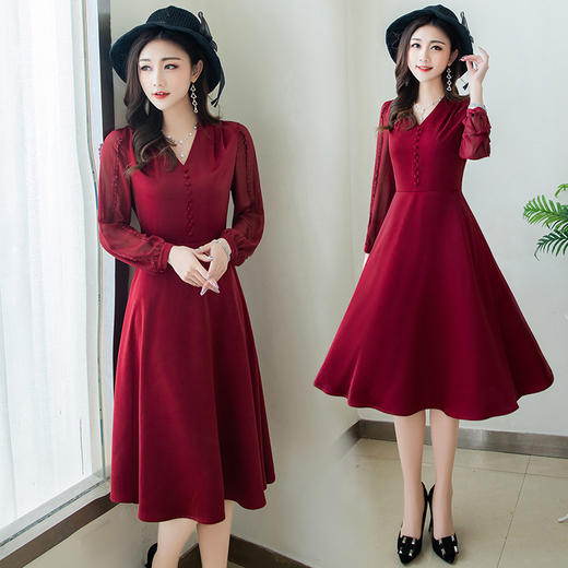 YWE  YDY2132时尚气质优雅V领长袖连衣裙 商品图0