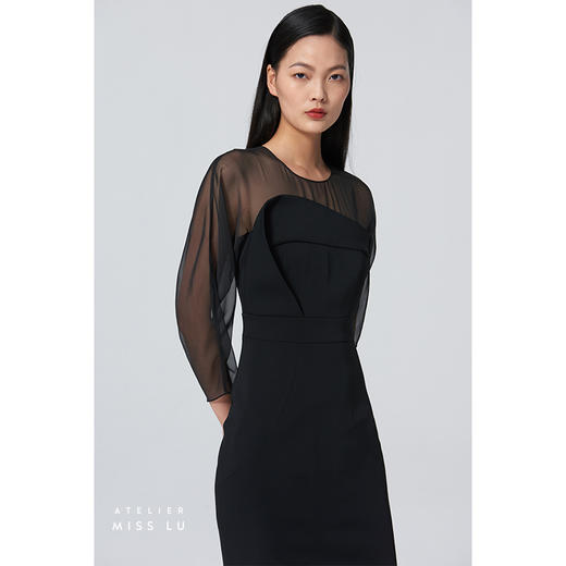 【浮世日】流畅绕身细节不规则拼接薄纱长袖黑色修身连衣裙/0000675 商品图2