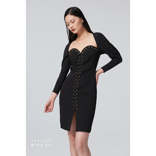 【猫眼】爱心领气眼绑带设计长袖黑色修身连衣裙/0000696 商品图1