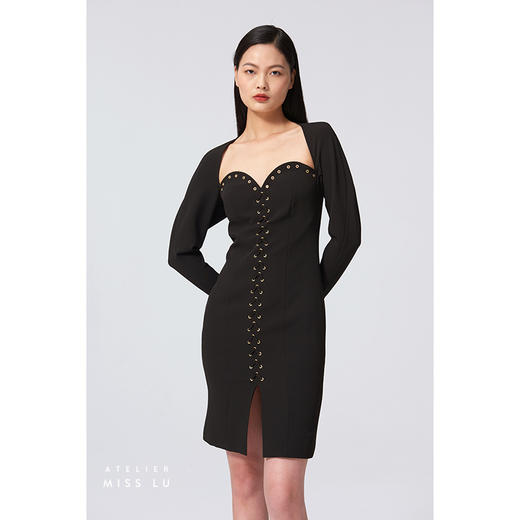 【猫眼】爱心领气眼绑带设计长袖黑色修身连衣裙/0000696 商品图2