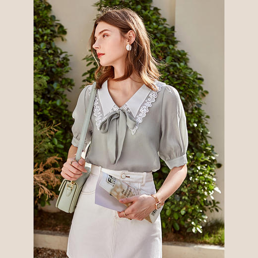 欧芮儿雪纺衬衫女2021春夏蕾丝花边绑带领气质时尚优雅年轻上衣 商品图2