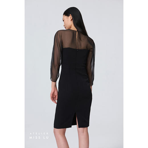 【浮世日】流畅绕身细节不规则拼接薄纱长袖黑色修身连衣裙/0000675 商品图3