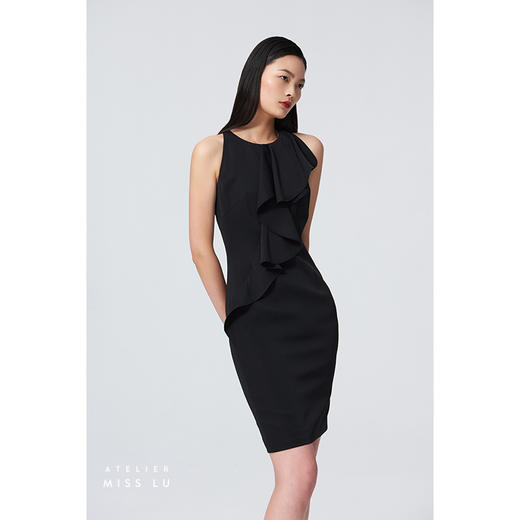 【木星浪花】设计款荷叶边黑色挂脖修身连衣裙/0000681 商品图1