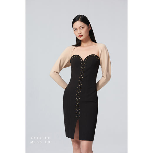 【猫眼】爱心领气眼绑带设计长袖黑拼浅裸驼修身连衣裙0000696A 商品图0