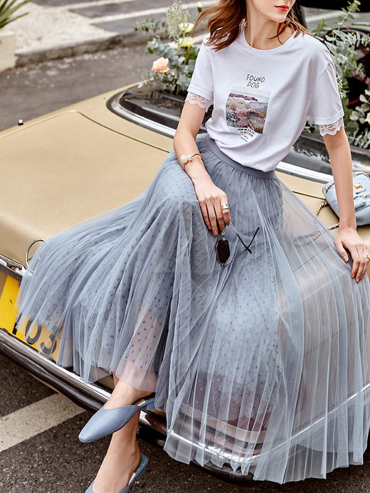 欧芮儿网纱半身裙女2021春夏新款高腰显瘦时尚气质压褶A字仙女裙 商品图1