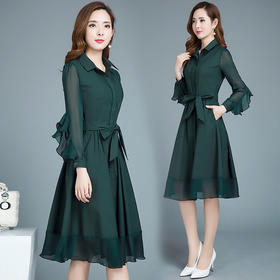 YWE  820时尚气质优雅长袖翻领连衣裙