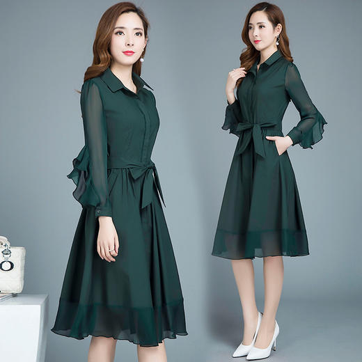 YWE  820时尚气质优雅长袖翻领连衣裙 商品图0