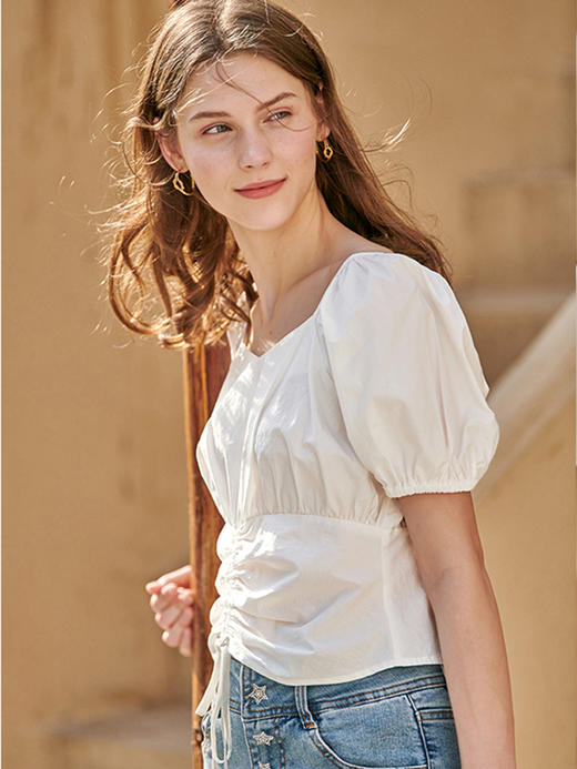 欧芮儿短袖衬衫女新款修身显瘦短款衬衣小众百搭白色上衣O20XC31630 商品图2