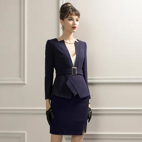 IWY/藏青色长袖西装半裙套装女士职业装气质套裙CS88