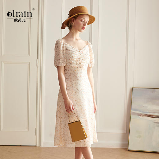 欧芮儿短袖碎花雪纺连衣裙女新款气质收腰显瘦中长款A字 商品图0