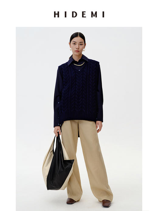 HIDEMI 美利奴羊毛绞花V领背心 原白色/藏蓝色 商品图14