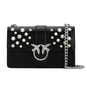 PINKO 品高 女士皮革 Love Pearls 珍珠单肩燕子包 黑色 1P216H Y4YB Z99