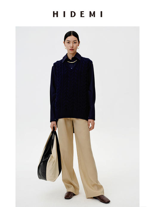HIDEMI 美利奴羊毛绞花V领背心 原白色/藏蓝色 商品图9