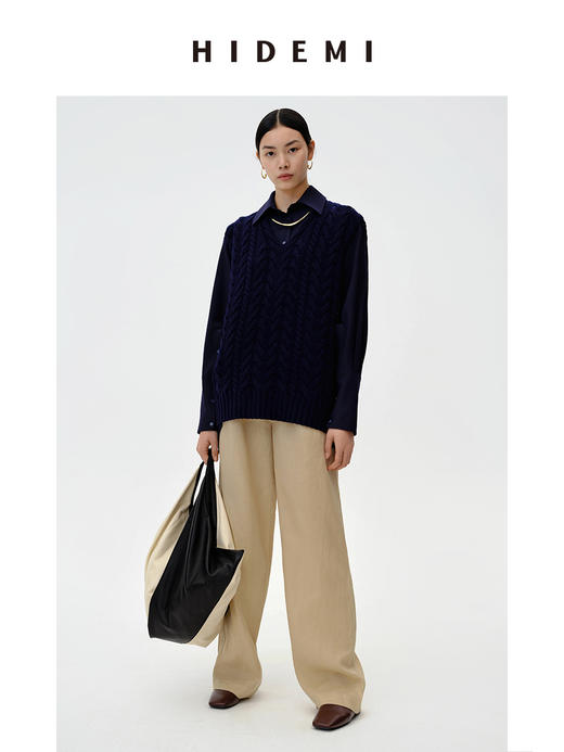 HIDEMI 美利奴羊毛绞花V领背心 原白色/藏蓝色 商品图10