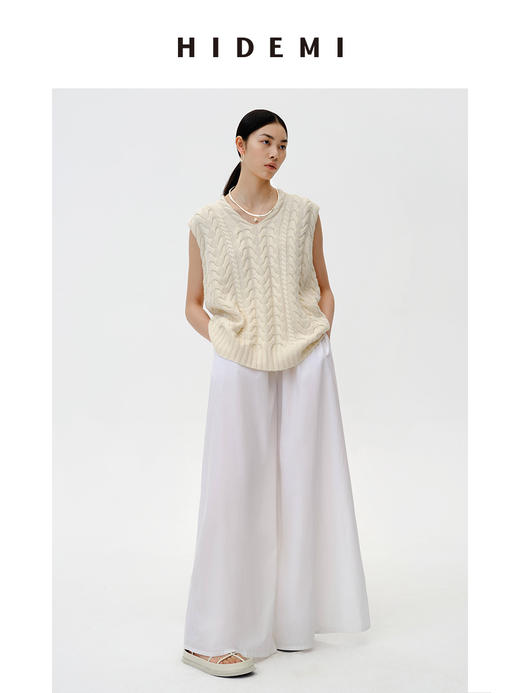 HIDEMI 美利奴羊毛绞花V领背心 原白色/藏蓝色 商品图4