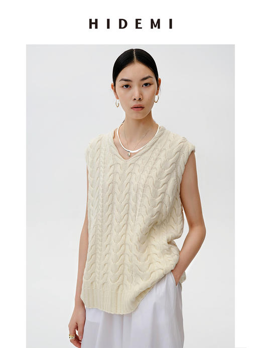 HIDEMI 美利奴羊毛绞花V领背心 原白色/藏蓝色 商品图6