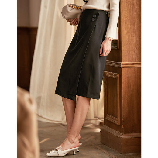 欧芮儿高腰显瘦黑色半身裙女中长款新款冬季不规则气质A字裙 商品图1