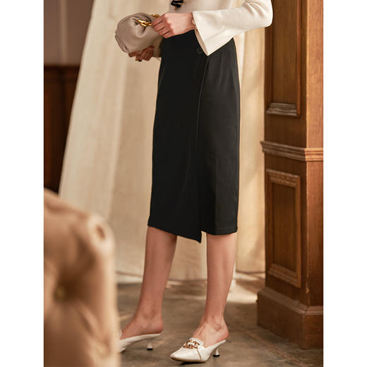 欧芮儿高腰显瘦黑色半身裙女中长款新款冬季不规则气质A字裙 商品图2