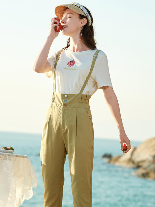 欧芮儿高腰显瘦休闲裤女2021新款夏季浅黄色淑女背带九分复古百搭 商品图2