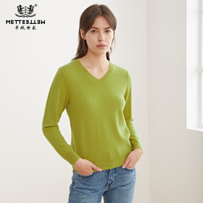羊绒世家早春新品女士V领100%山羊绒衫内搭保暖针织套头毛衣