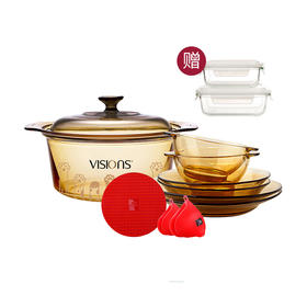 康宁猫爪锅3.5L+餐具6件套+锅垫耳套赠保鲜盒两件套